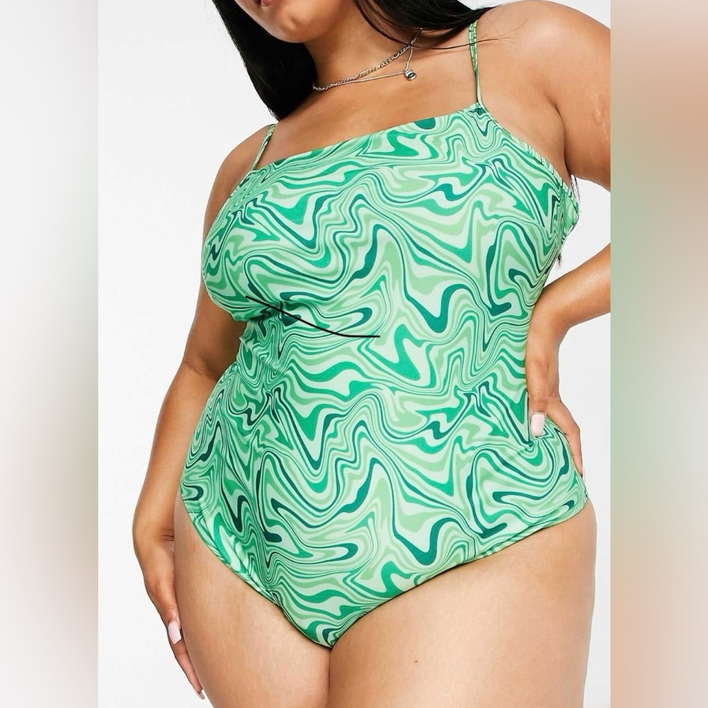 BRAVE SOUL SQUARE NECK SWIMSUIT W/ ADJUSTABLE STRAPS IN GREEN SWIRL PRINT NWT